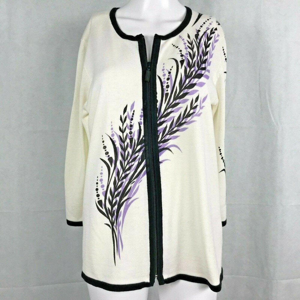Bob Mackie Cardigan Women Sz S Cotton Blend White Purple Floral Full Zip Sweater